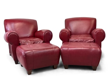 Pair of Red Leather Lounge Chairs and Ottomans