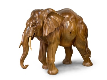 Monumental Carved Wood Elephant Sculpture