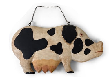 Folk Art Painted Wood Spotted Pig