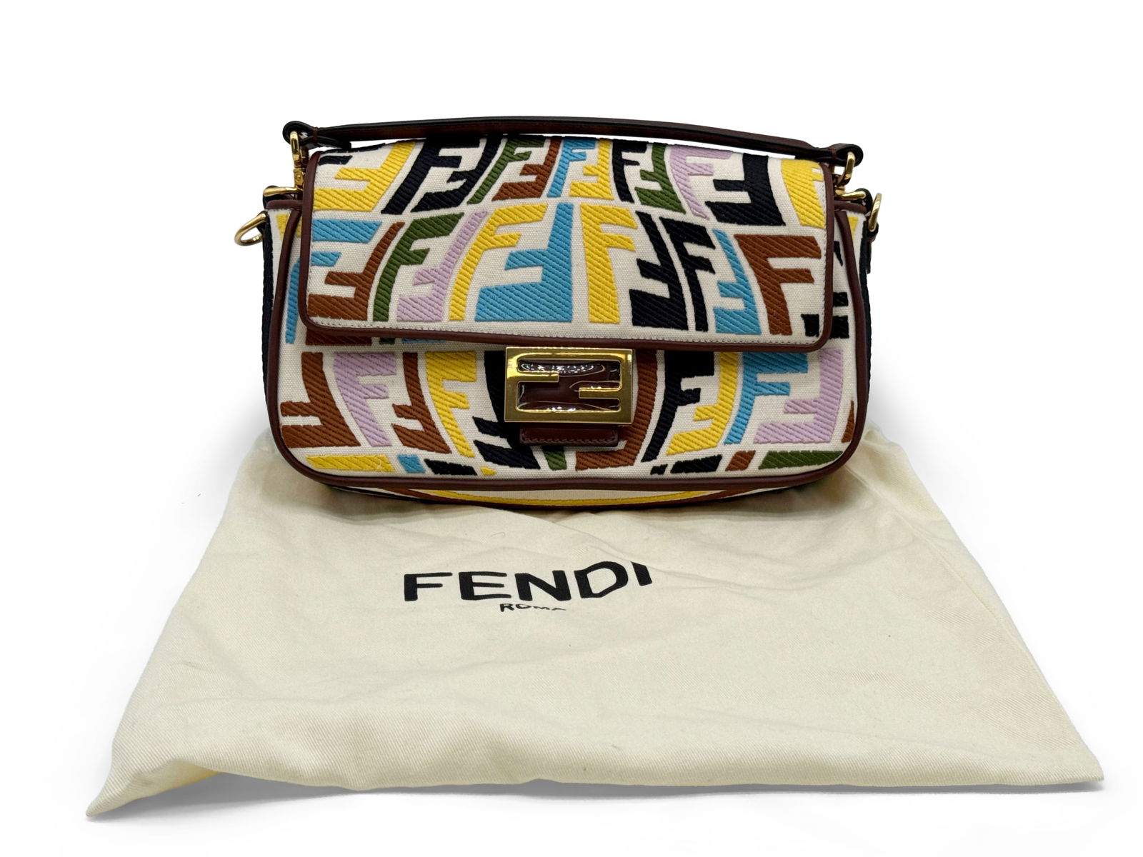Fendi x Sarah Coleman Fisheye Baguette: A Fendi x Sarah Coleman limited edition canvas Vitello King FF monogram fisheye multicolored baguette purse with two straps and dust cloth bag. 6in tall x 10-1/2in wide. | You have additional shipping