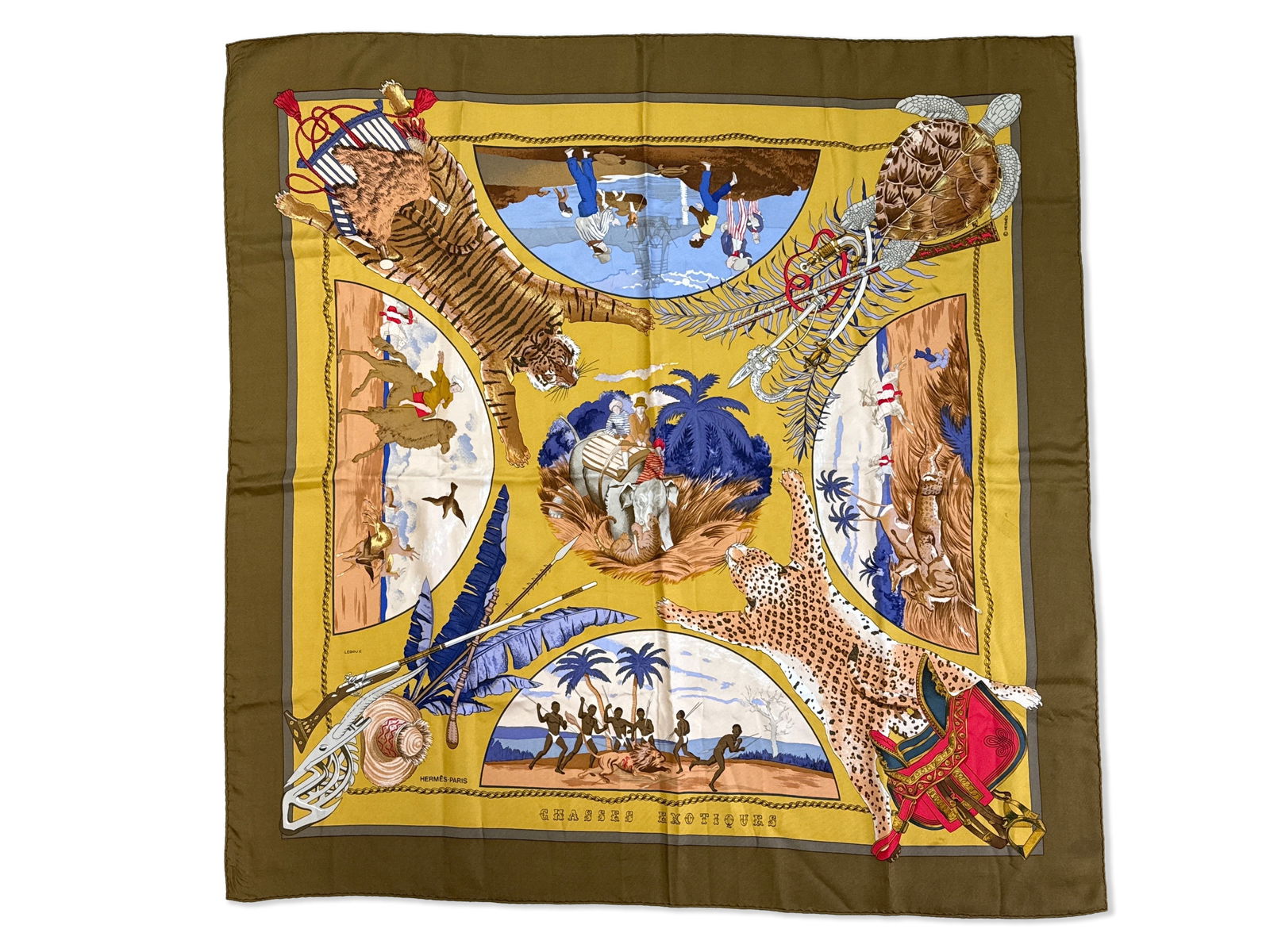 Hermès Chasses Exotiques by Dallet Scarf: An Hermès Chasses Exotiques by Dallet silk scarf. 35in x 35in. | You have additional shipping options, and are not required to use Live Shipping. Additional third-party shipper details; Philadelphia