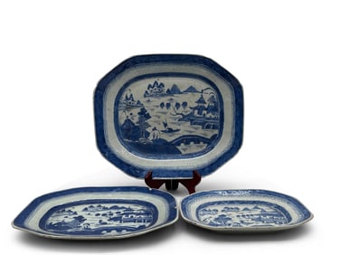 Three Chinese Canton Blue & White Platters
