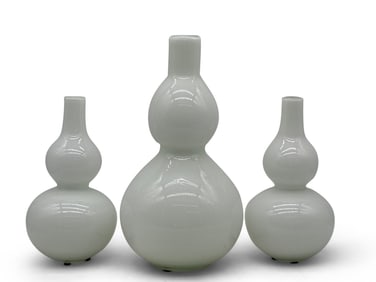 Three Handblown Opaque White Gourd Vases