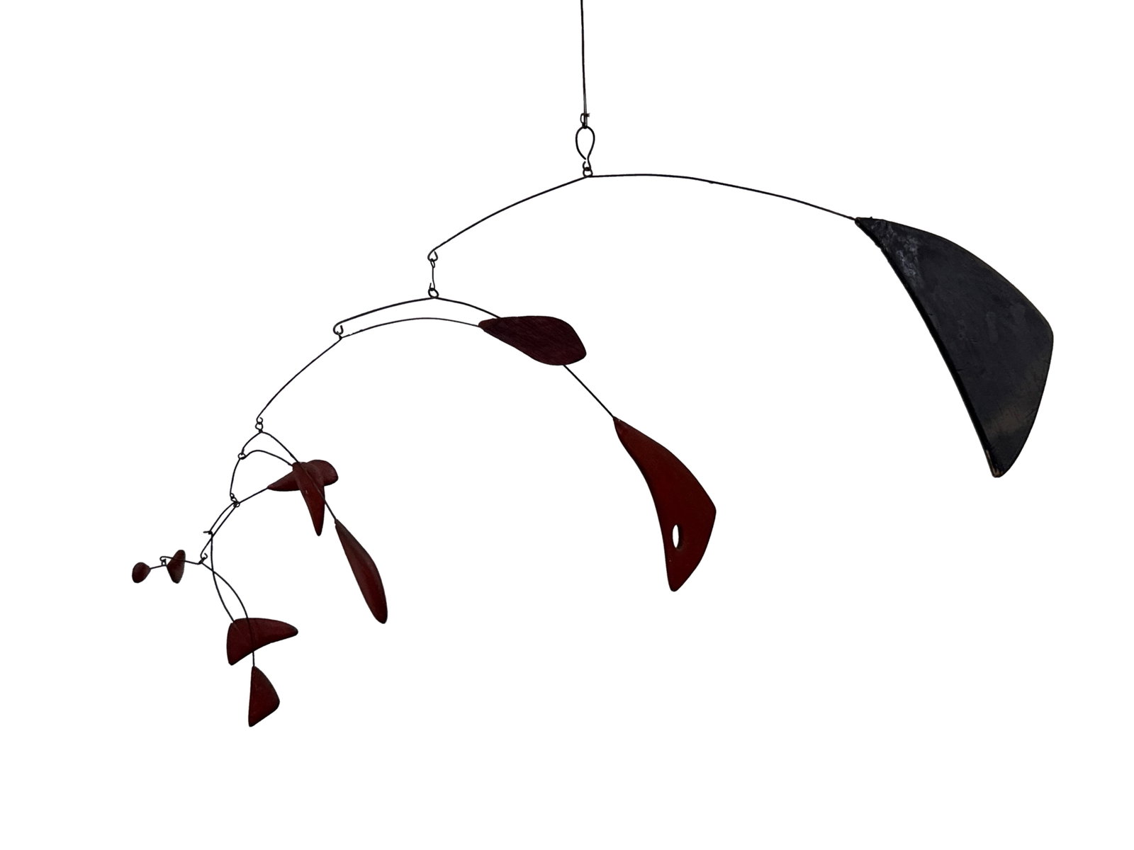 Vintage Kinetic Hanging Sculptural Mobile: An vintage kinetic hanging mobile with ten red and black painted paddles that appear to be balsa wood. 13in tall x 19in wide. | You have additional shipping options, and are not required to use Live S
