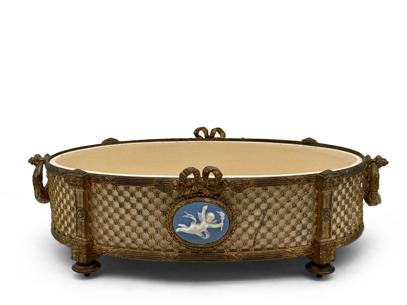 Sevrès Louis XV-style Gilt Bronze and Jasper Bowl: A Louis XV-style gilt bronze-mounted center bowl of oval form with jasper fittings. Porcelain is marked "MP Sevres". Provenance: From a Rittenhouse Square, Philadelphia apartment designed by interior