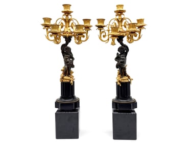 Two Louis XVI-style Gilt & Patinated Bronze Putti Candelabras
