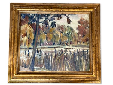 Gilt-Framed Impressionist Oil/Board Landscape
