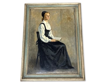 Oil/Board: Seated Woman Reading