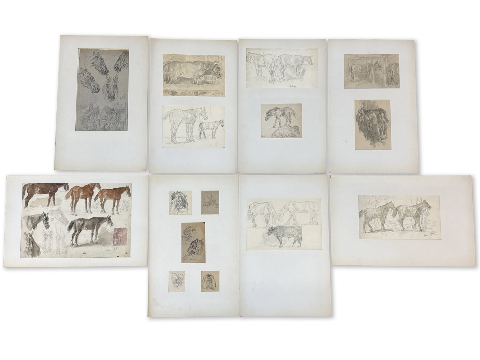 Eight Hermann Faber Wildlife Illustrations: Hermann Faber (German/American, 19th C.). A grouping of eight watercolors and illustrations depicting horses, lions, and cows; many signed. Largest: 9-1/2in x 13in. | You have additional shipping opti