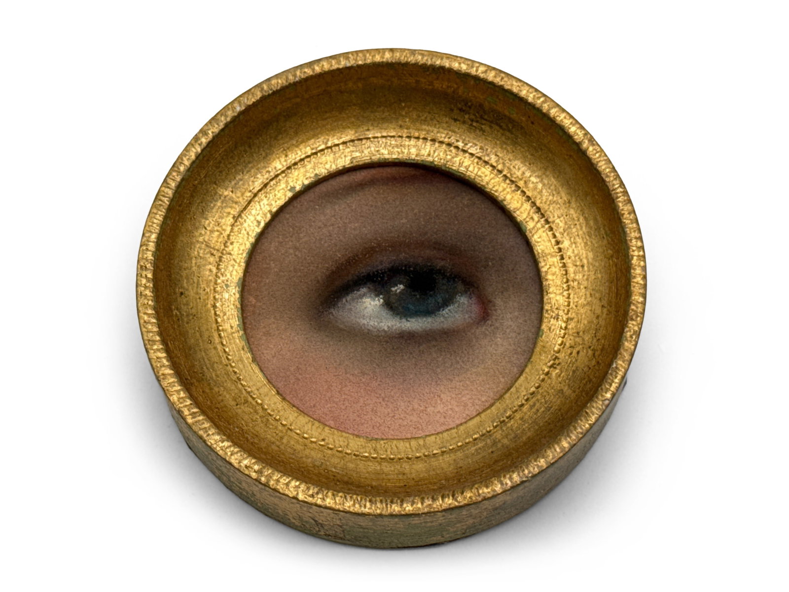Miniature Oil/Canvas: Lover's Eye: A miniature gilt-framed oil on canvas of a "Lover's Eye" Frame: 3in diameter. | You have additional shipping options, and are not required to use Live Shipping. Additional third-party shipper details;