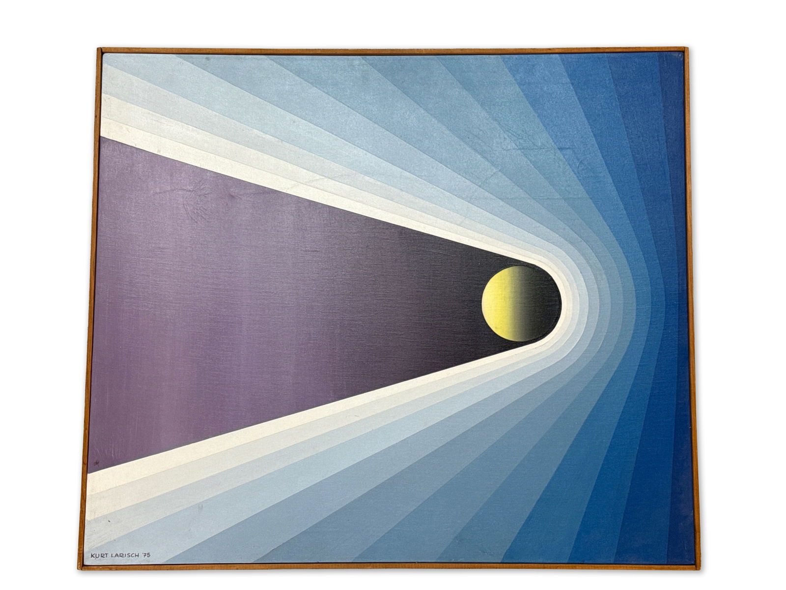 Kurt Larisch Oil/Canvas: Impacto: Kurt Larisch (Austria/Mexico, 1913-2009). A surrealist oil on canvas with an abstract geometric design titled "Impacto". Signed lower left, dated 75, titled verso. Frame: 26-1/2in x 30in. | You have a