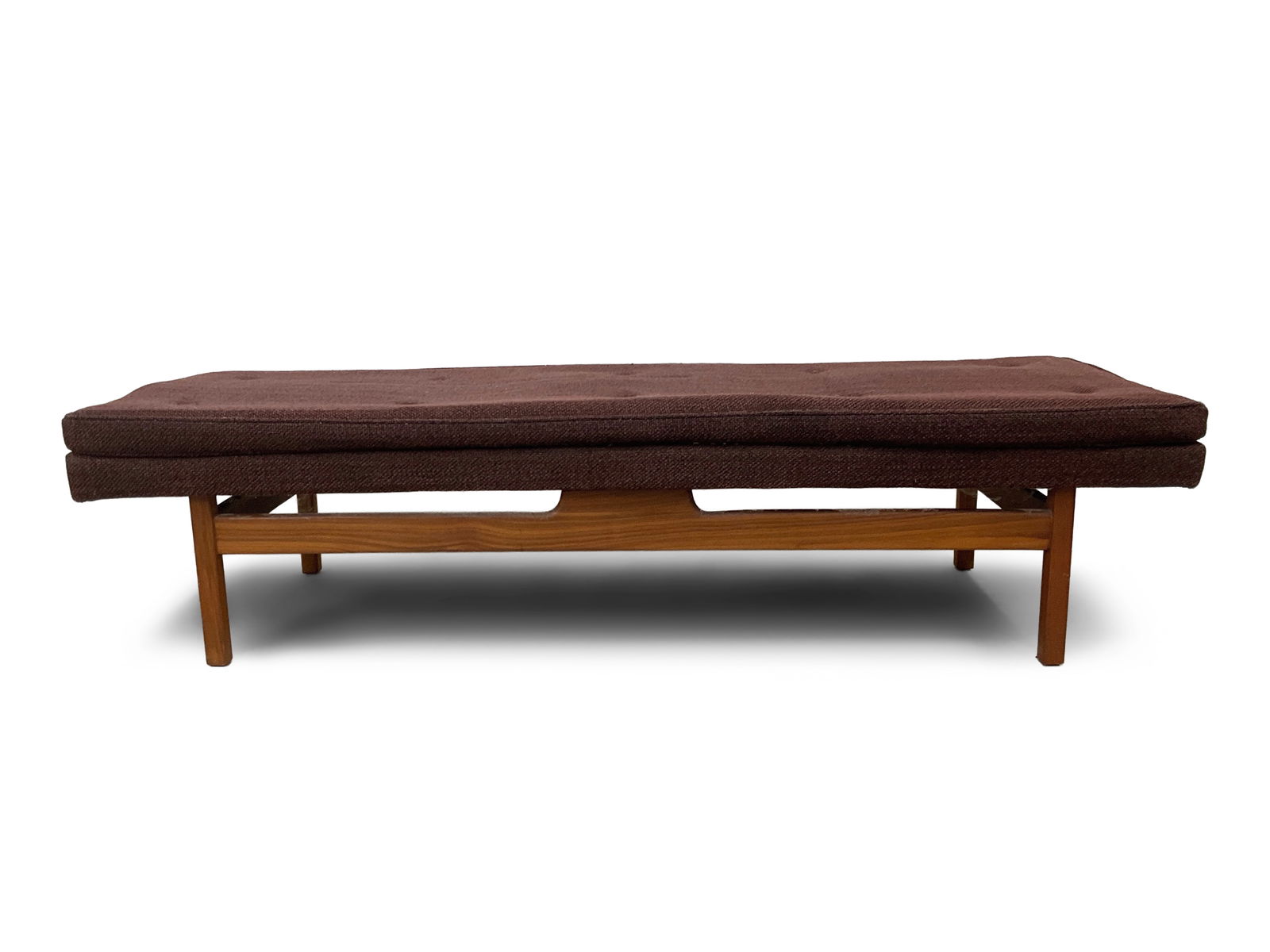 Milo Baughman for Thayer Coggin Low Bench: A Milo Baughman for Thayer Coggin low bench with an upholstered seat and walnut frame. Labeled. 14-1/2in tall x 60in wide x 21in deep. | You have additional shipping options, and are not required to u