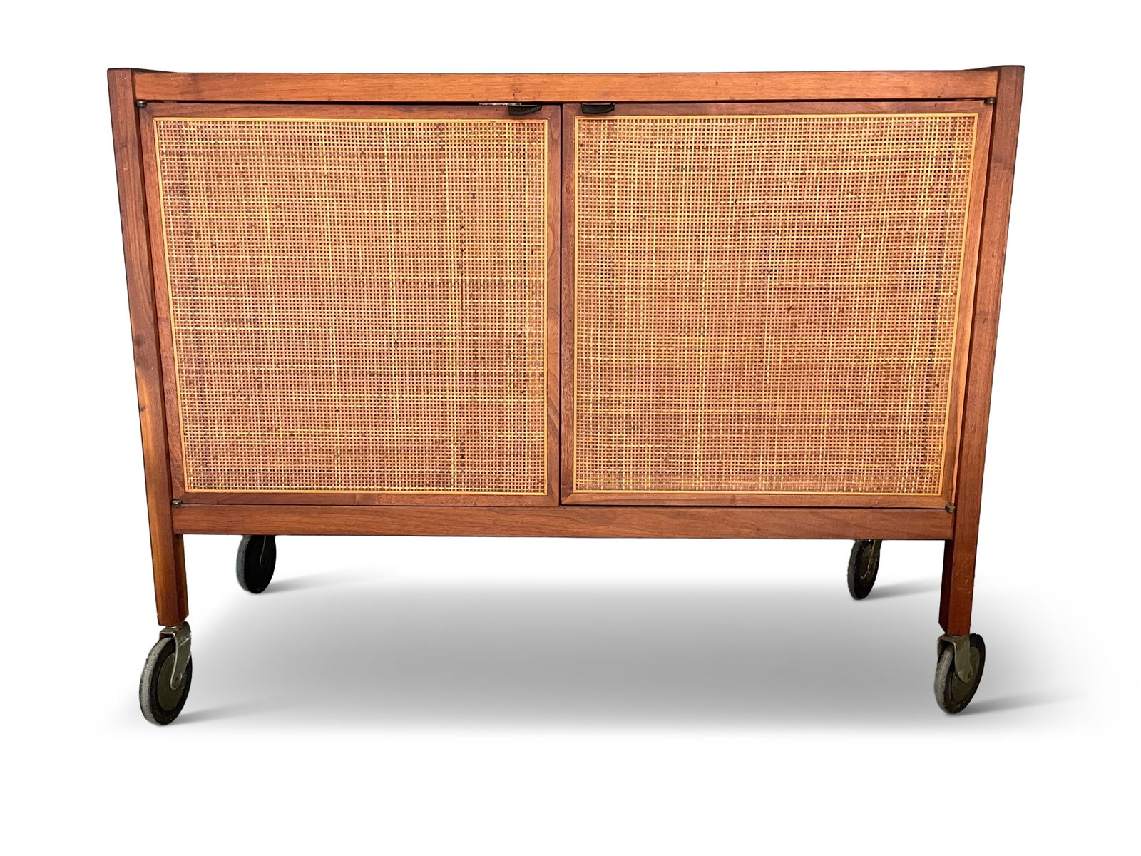 Jack Cartwright Walnut Bar Cart: A Jack Cartwright for Founders midentury modern walnut bar or server cart with caned doors and fitted interior. 33in tall x 42in wide x 18-1/2in deep. | You have additional shipping options, and are n