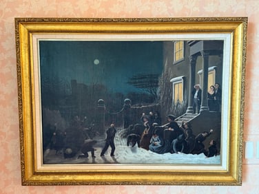 Gilt-Framed Oil/Canvas: Snowball Fight