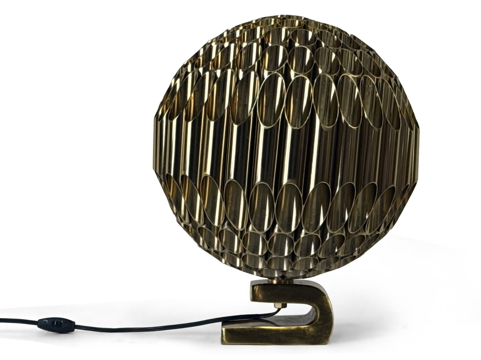 Michel Armand-style Bronze Ruche Orb Lamp: A Michel Armand-style heavy bronze ruche orb-form lamp with tubular design, resting on a brass base. Projects a nice design below the lamp. Approx. 20in tall x 16in wide. | You have additional shippin