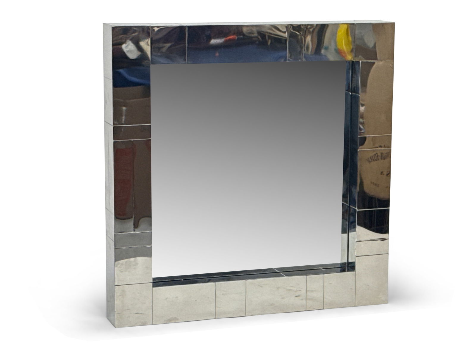 Paul Evans-style Chrome Patchwork Wall Mirror: A Paul Evans-style chrome patchwork wall mirror in the style of Evans' Cityscape. Unsigned. 24in tall x 24in wide x 3in deep. | You have additional shipping options, and are not required to use Live S