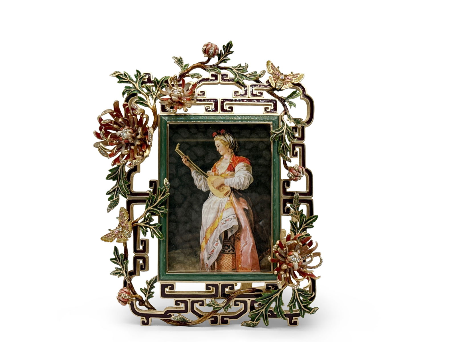 Jay Strongwater Pauline Chrysanthemum Frame: A Jay Strongwater Pauline Chrysanthemum enameled frame from the Chinoiserie collection. Signed and marked verso. Frame: 14in tall x 10in wide. | You have additional shipping options, and are not requi