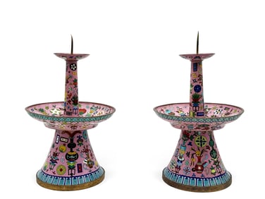 Two Chinese Cloisonné Enamel Candle Holders