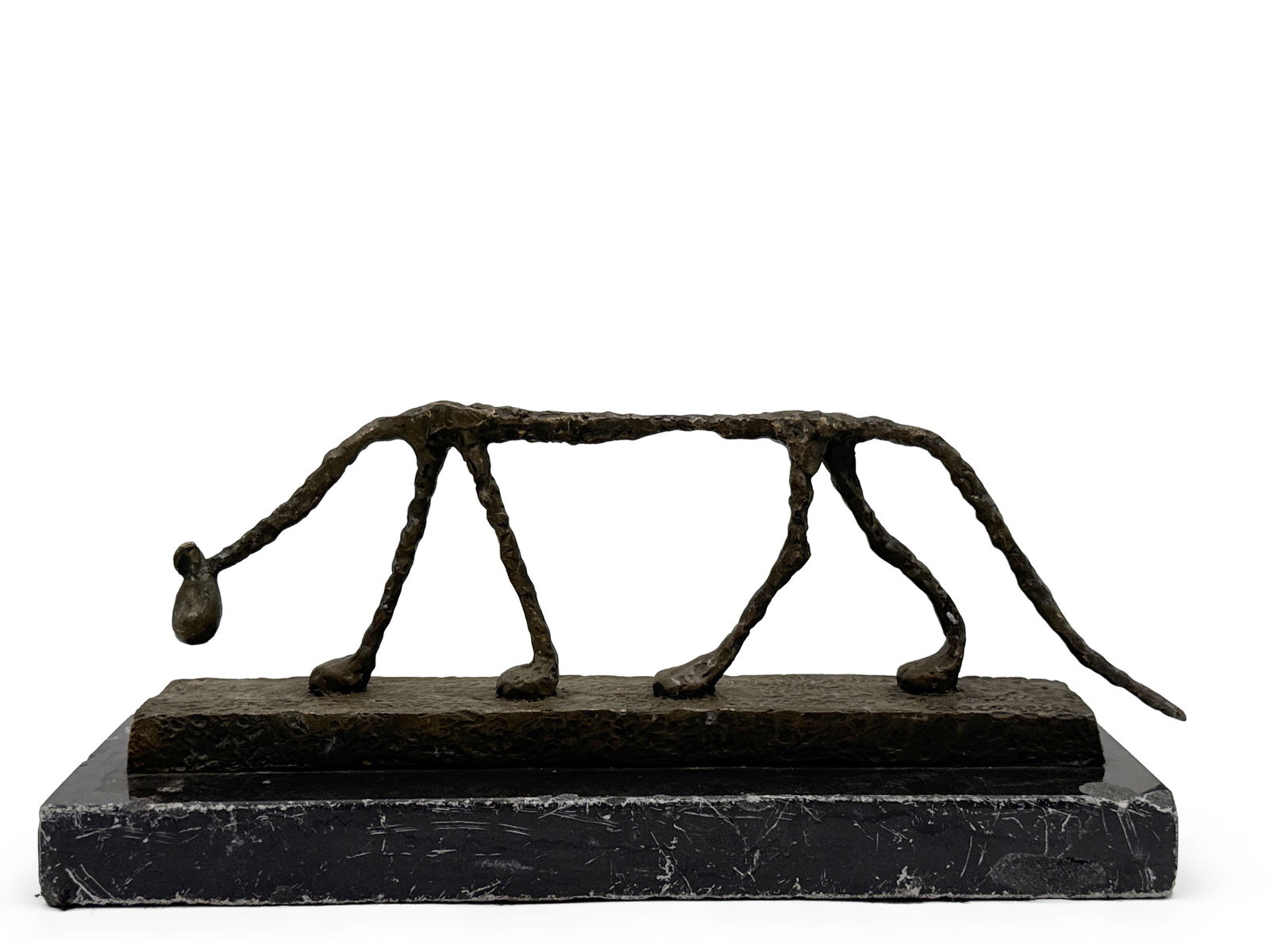 After Giacometti Le Chat Bronze Sculpture: A cast bronze sculpture titled "Le Chat" after Alberto Giacometti (Swiss, 20th C.). Signed "Giacometti". 6in tall x 12in wide. | You have additional shipping options, and are not required to use Live