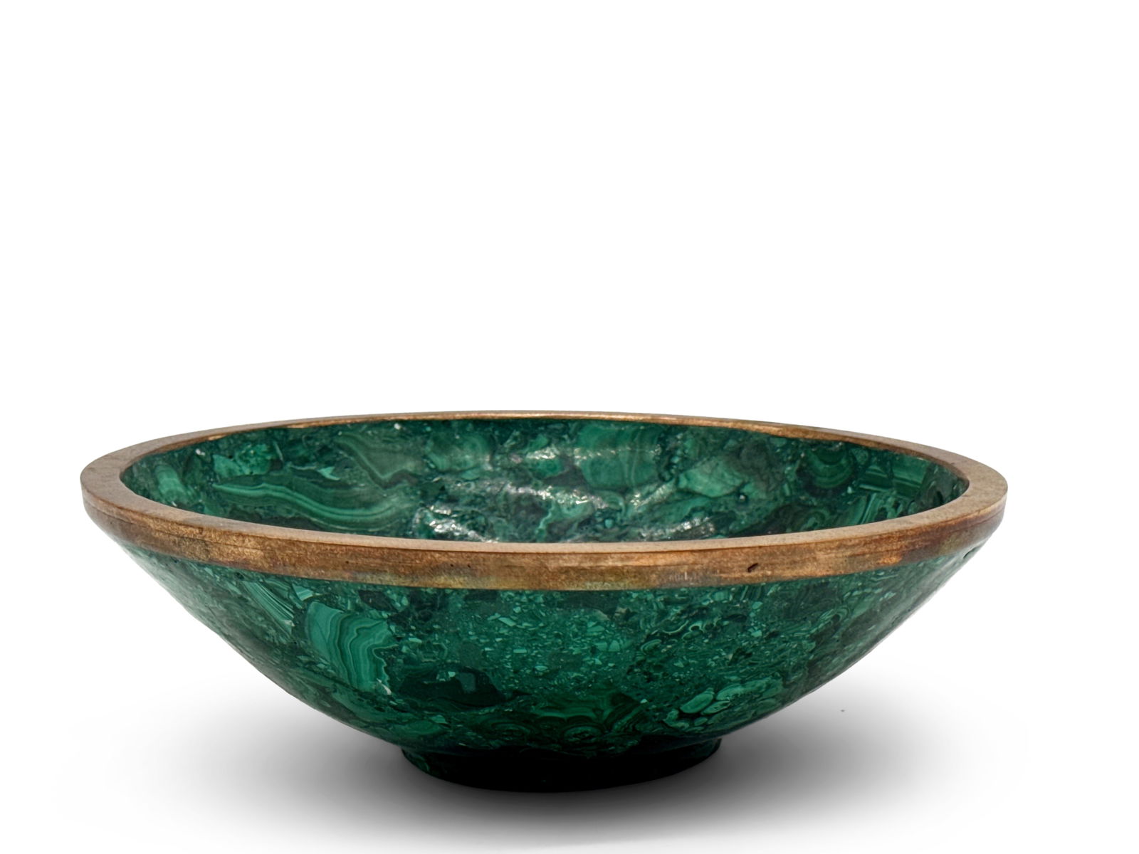 Malachite Brass-Rimmed Lapidary Vide Poche: A malachite brass-rimmed lapidary vide poche. 2-1/2in tall x 7-1/2in wide. | You have additional shipping options, and are not required to use Live Shipping. Additional third-party shipper details; Ph