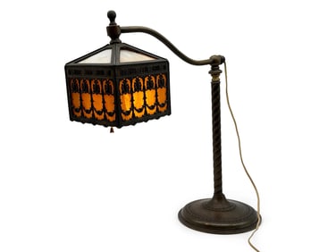 Arts & Crafts Slag Glass Bronze Desk Table Lamp