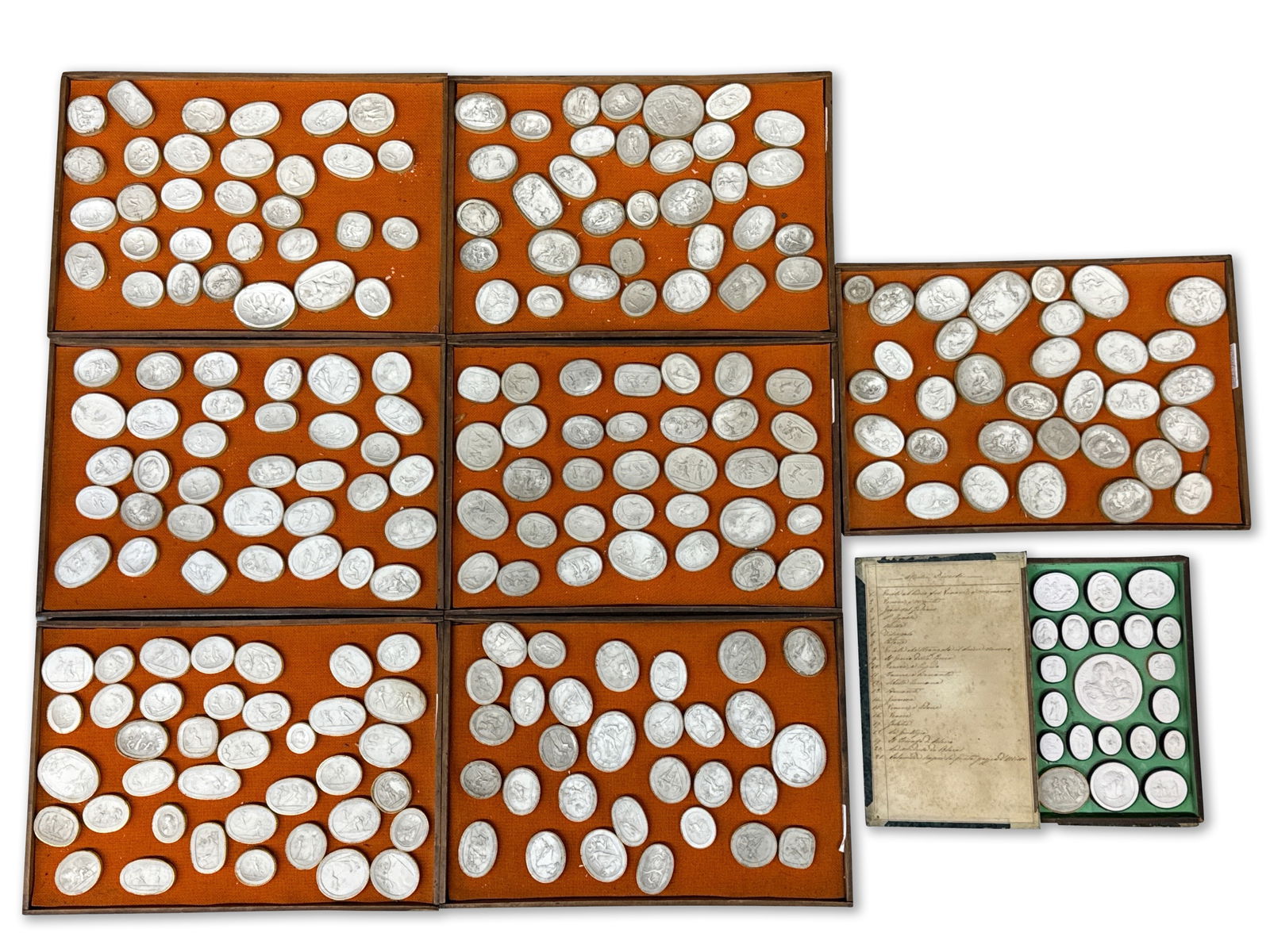 Collection of Grand Tour Plaster Intaglios: A collection of 253 Grand Tour plaster intaglios having neoclassical motifs. 232 are signed John Tyrrell. Provenance: From a Rittenhouse Square, Philadelphia apartment designed by interior designer Ba