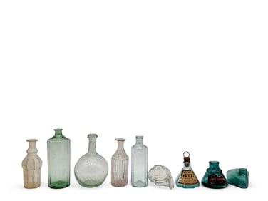 Nine Blown Glass Apothecary and Ink Bottles