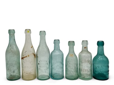 Seven 19th C. Wilmington Blob-Top Glass Bottles