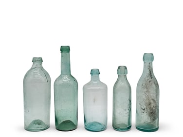 Five 19th C. Aquamarine Blob-Top Bottles