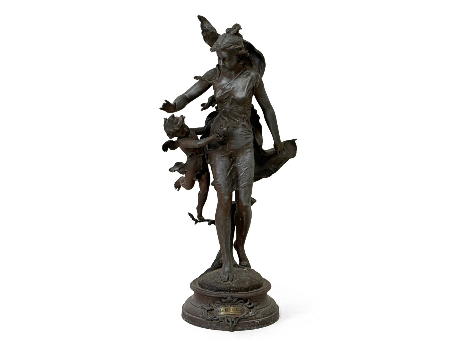 After Ferrand Art Nouveau Spelter Sculpture: An after Ferrand Art Nouveau spelter sculpture of a maiden titled "Le Renouveau". 35in tall x 17in wide. | You have additional shipping options, and are not required to use Live Shipping. Additional t
