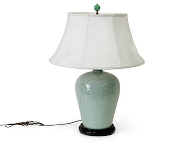 Large Chinese Longquan Celadon Glazed Table Lamp