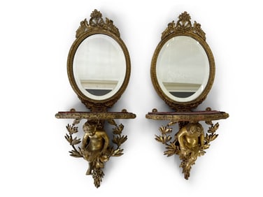 Pair of Italian Giltwood Cherubic Girandole Mirrors