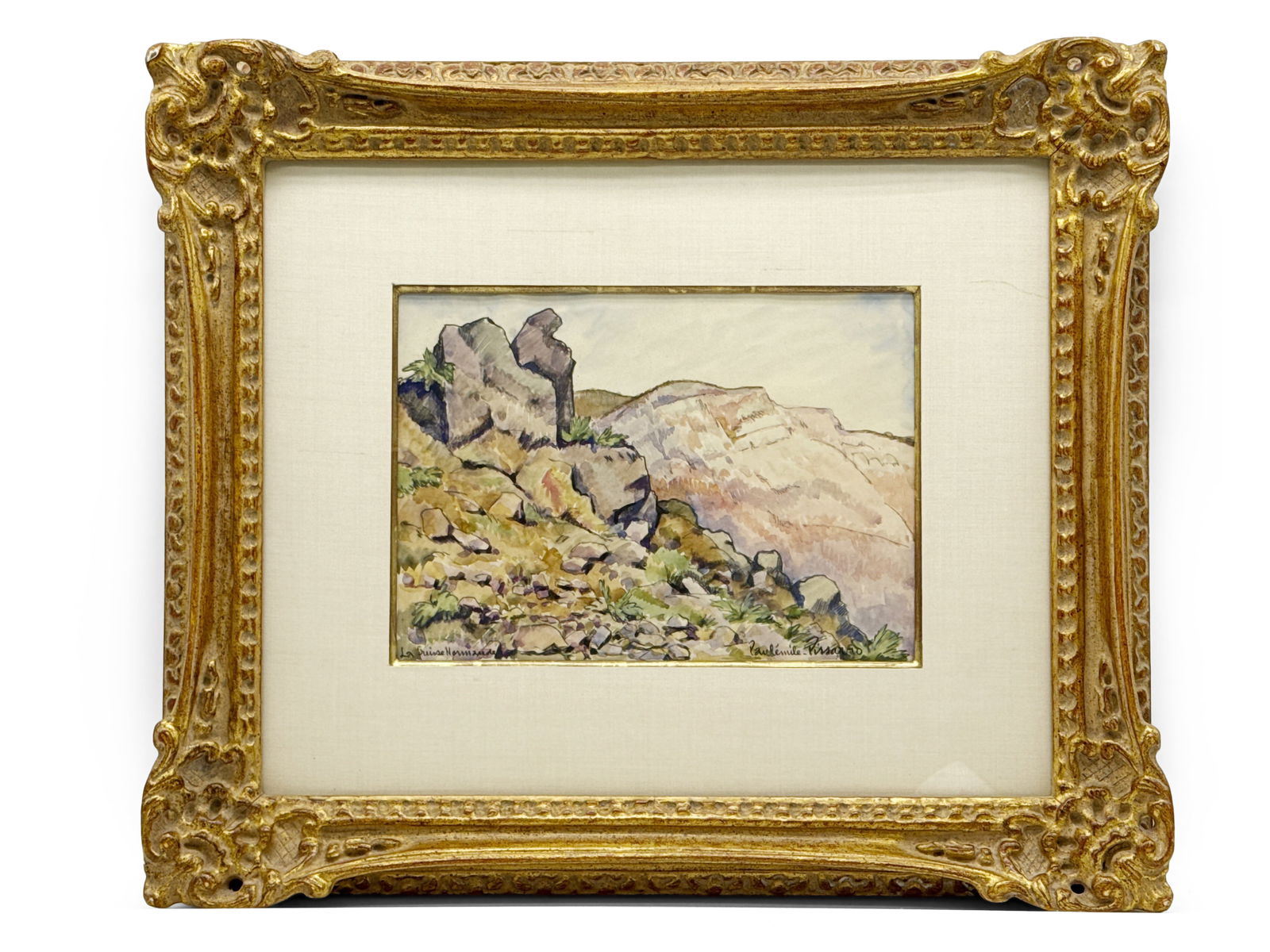 Paul Emile Pissaro Watercolor: La Suisse Normande: Paul Emile Pissarro (French, 1884-1972). A watercolor on paper French landscape titled "La Suisse Normande". Signed lower right and titled lower left. In a gilt frame under glass with Wally Findlay Ga