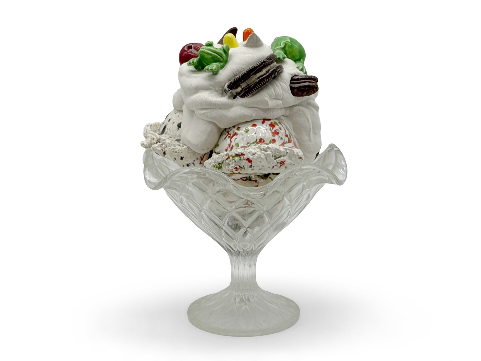 David Gilhooly Sculpture: Super Sundae: David Gilhooly (American, 1943-2013). A glazed ceramic sculpture of an ice cream sundae with frogs in a glass bowl, titled "Super Sundae". Signed on underside of ceramic. Provenance: A Pennsylvania es