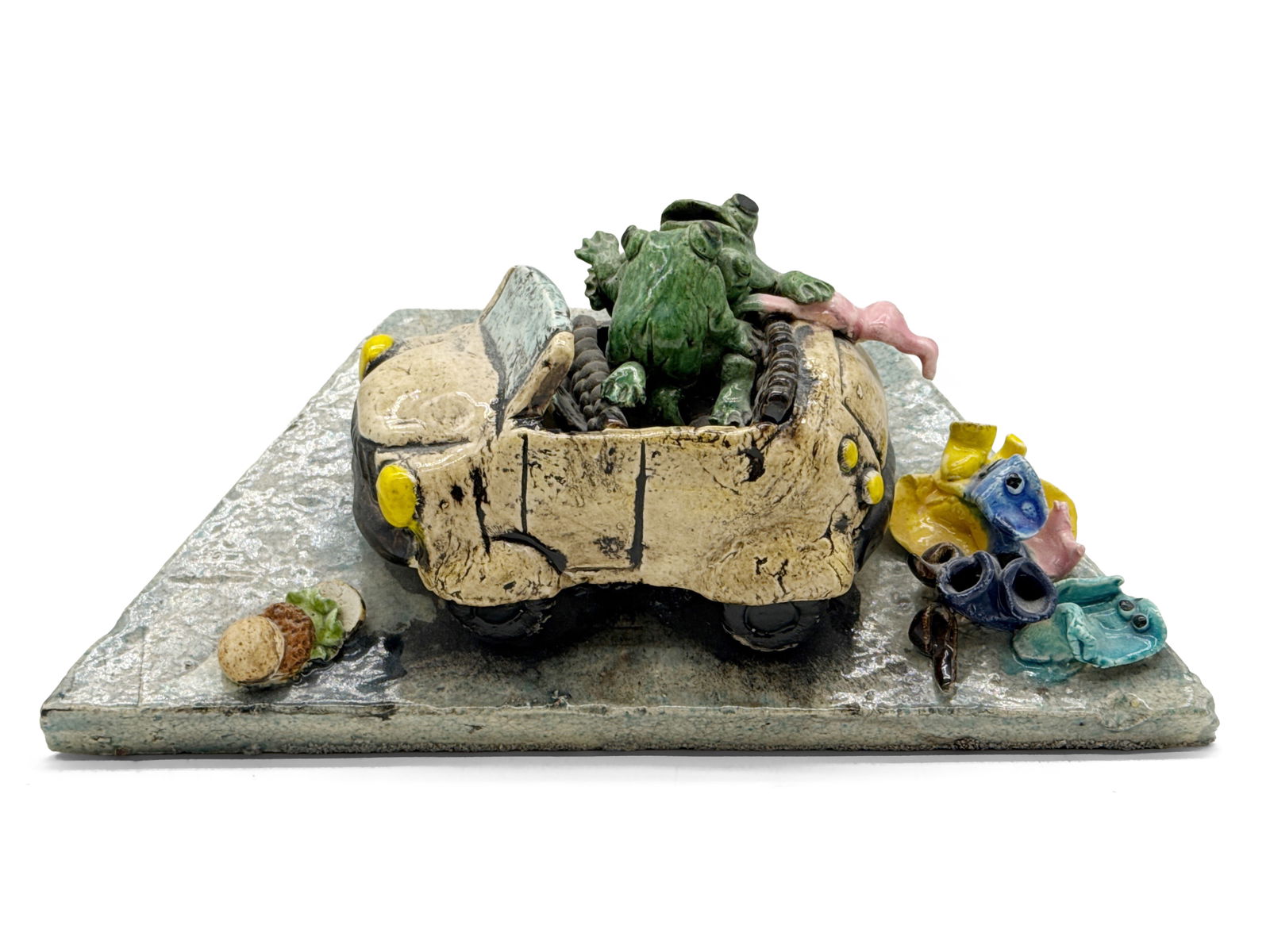 David Gilhooly Sculpture: Love in a Convertible: David Gilhooly (American, 1943-2013). A glazed ceramic sculpture of two frogs titled "Love in a Convertible". Signed, titled, and dated 1981 verso. Provenance: A Pennsylvania estate collection. Approx