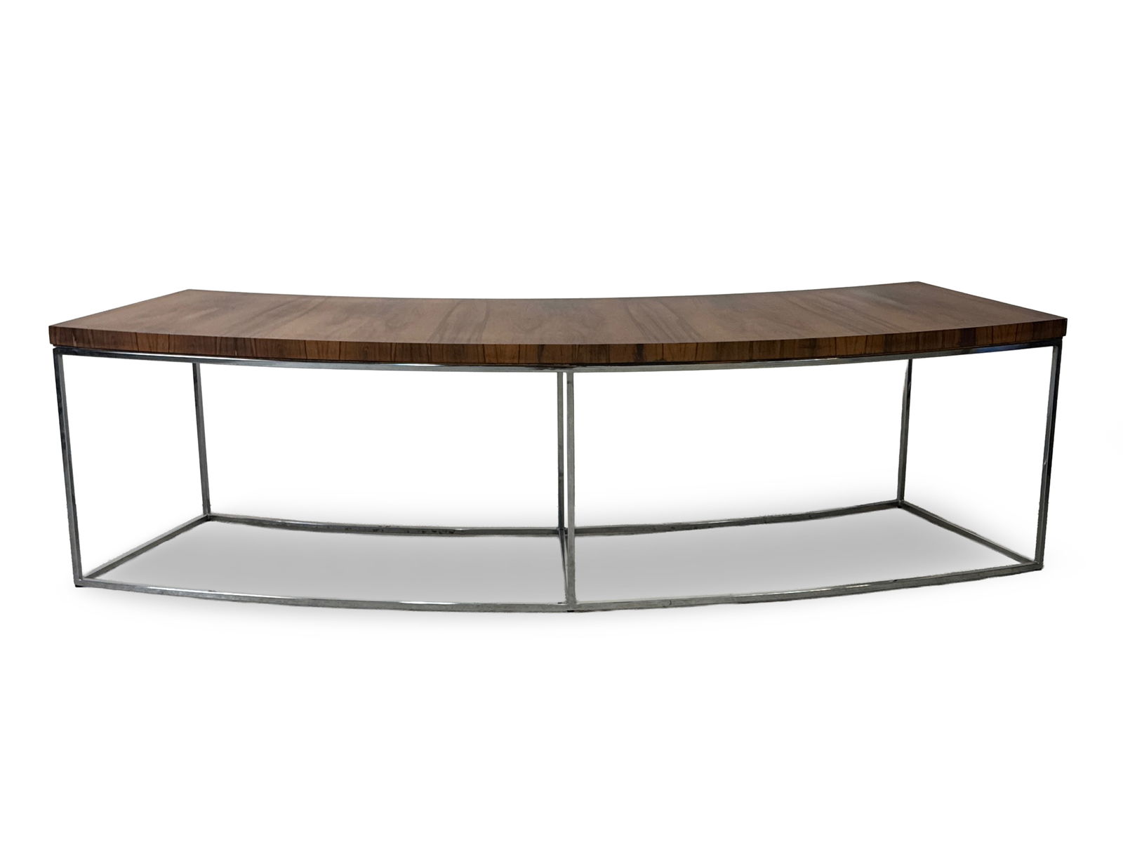 Milo Baughman Curved Rosewood Bench Table: A Milo Baughman for Thayer Coggin rosewood and chromed-steel bench or console table of curved form. 20-1/4in tall x 76in wide 23-1/2in deep. Top is 18in deep. | You have additional shipping options, a