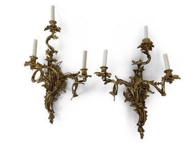Pair Italian Gilt Bronze Three-Light Wall Sconces