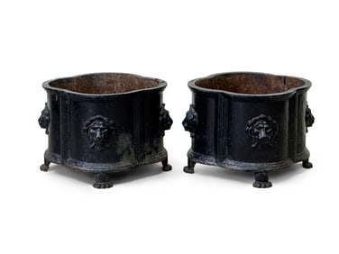 Pair of Cast Iron Lion Mask Garden Planters