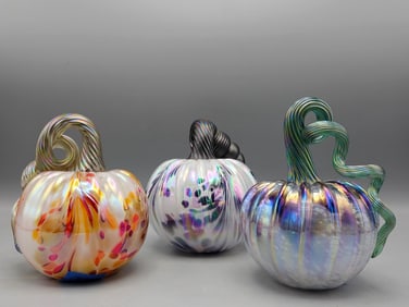 Three Kevin Fulton Art Glass Pumpkins