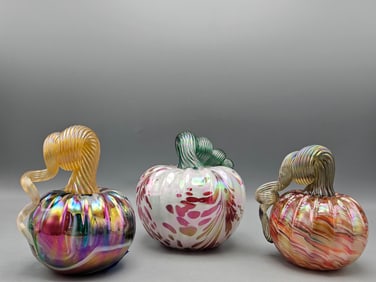 Three Kevin Fulton Art Glass Pumpkins