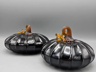 Two Black Art Glass Pumpkins