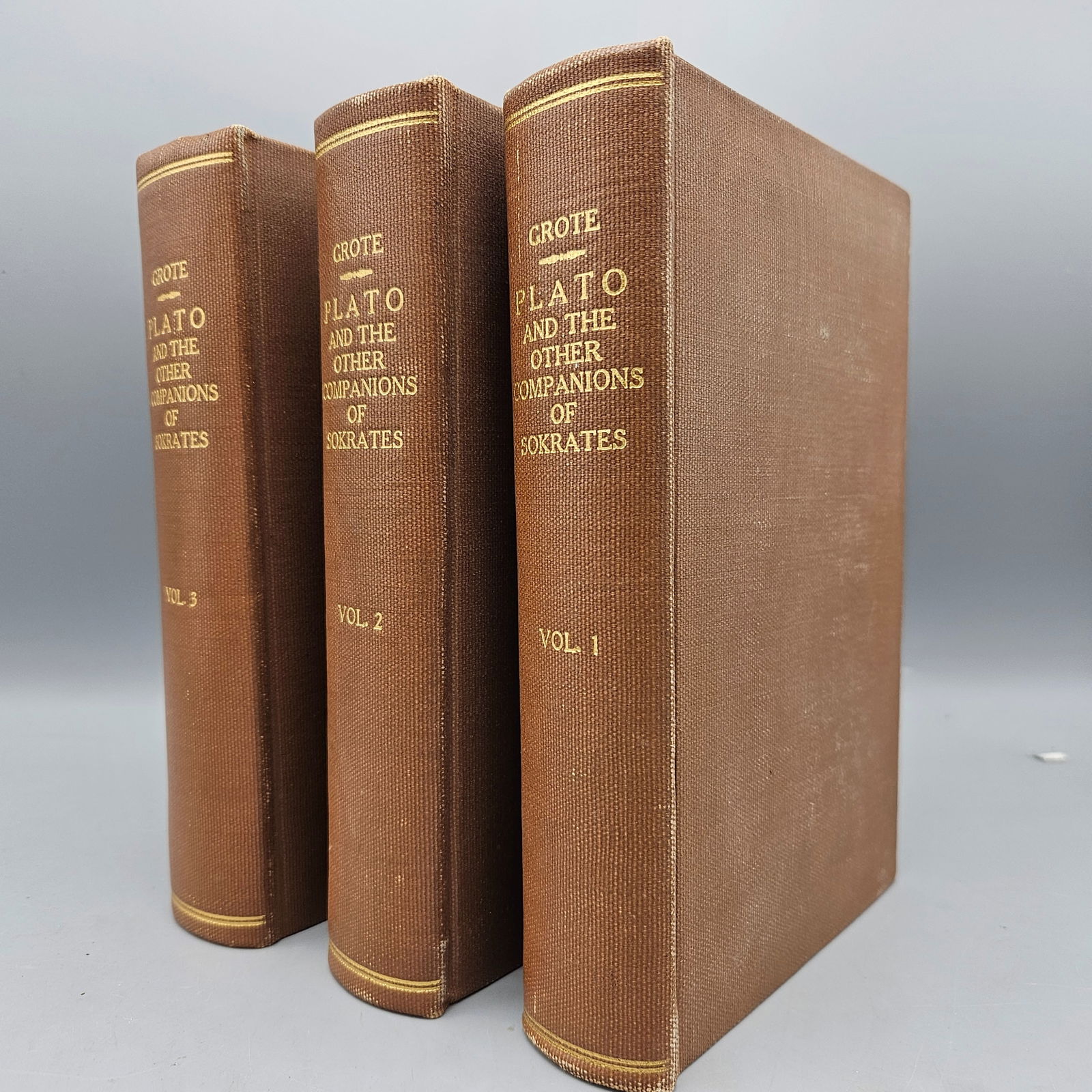 [Classics] Socrates: [6 vols] Grote, George. Plato and the Other Companions of Sokrates (in three volumes). London: John Murray, 1865. First edition, in contemporary tooled blue quarter leather with marbled boards; all ed