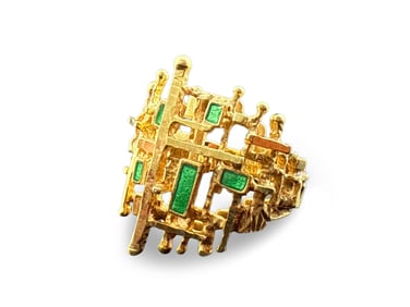 14K Yellow Gold Enameled Brutalist Ring