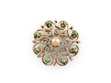 14K Jade and Pearl Filigree Brooch Pin