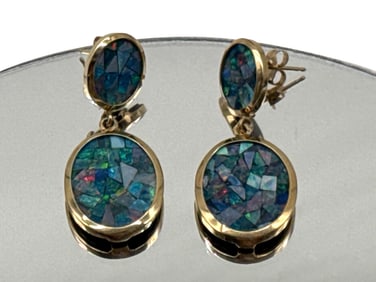14k Yellow Gold Fire Opal Mosaic Drop Earrings