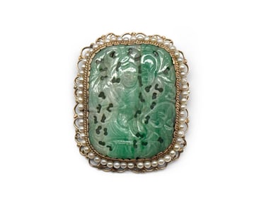 14K Yellow Gold Carved Jade and Pearl Brooch