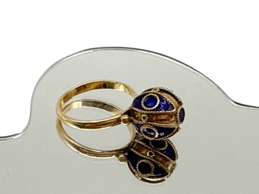 18K Yellow Gold Blue Enameled Dome Ring