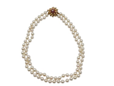 Double Strand Pearl Necklace with a Gold Diamond Ruby Clasp