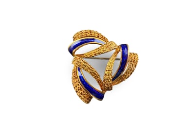 18k Yellow Gold and Blue Enameled Brooch
