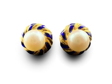 14K Enameled Gold Pearl Earrings